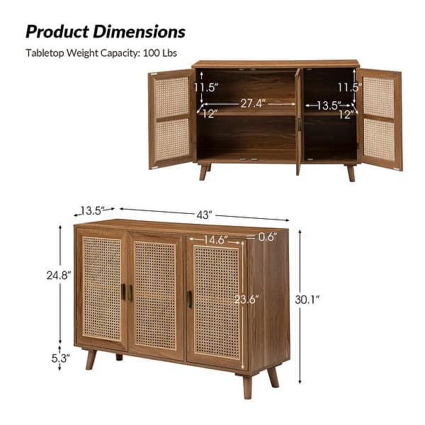 dimension image slide 5 of 6, Filippo Traditional Rattan 3-Door Sideboard Cabinet by HULALA HOME