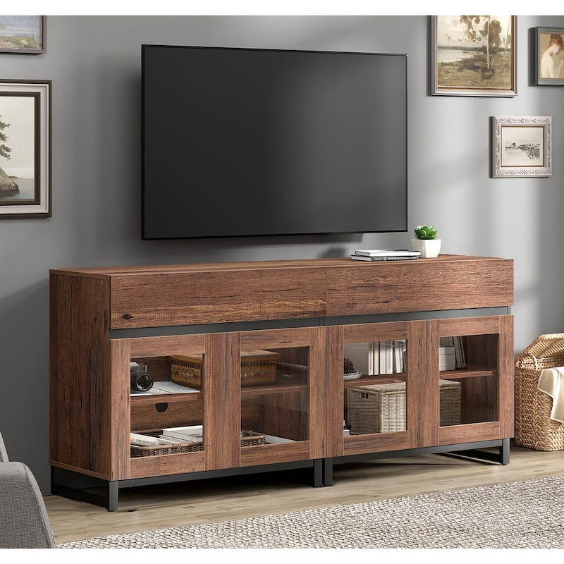 WAMPAT Modern TV Stand with Glass Doors for 110 inch TVs, Entertainment Center Console with 3 Drawers and Metal Base