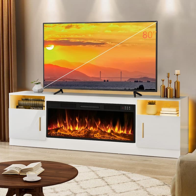 Bossin 70" Fireplace TV Stand with 36" Electric Fireplace, TV Stand for TVs Up to 80", 16 Colors LED Lights/Entertainment Center - White