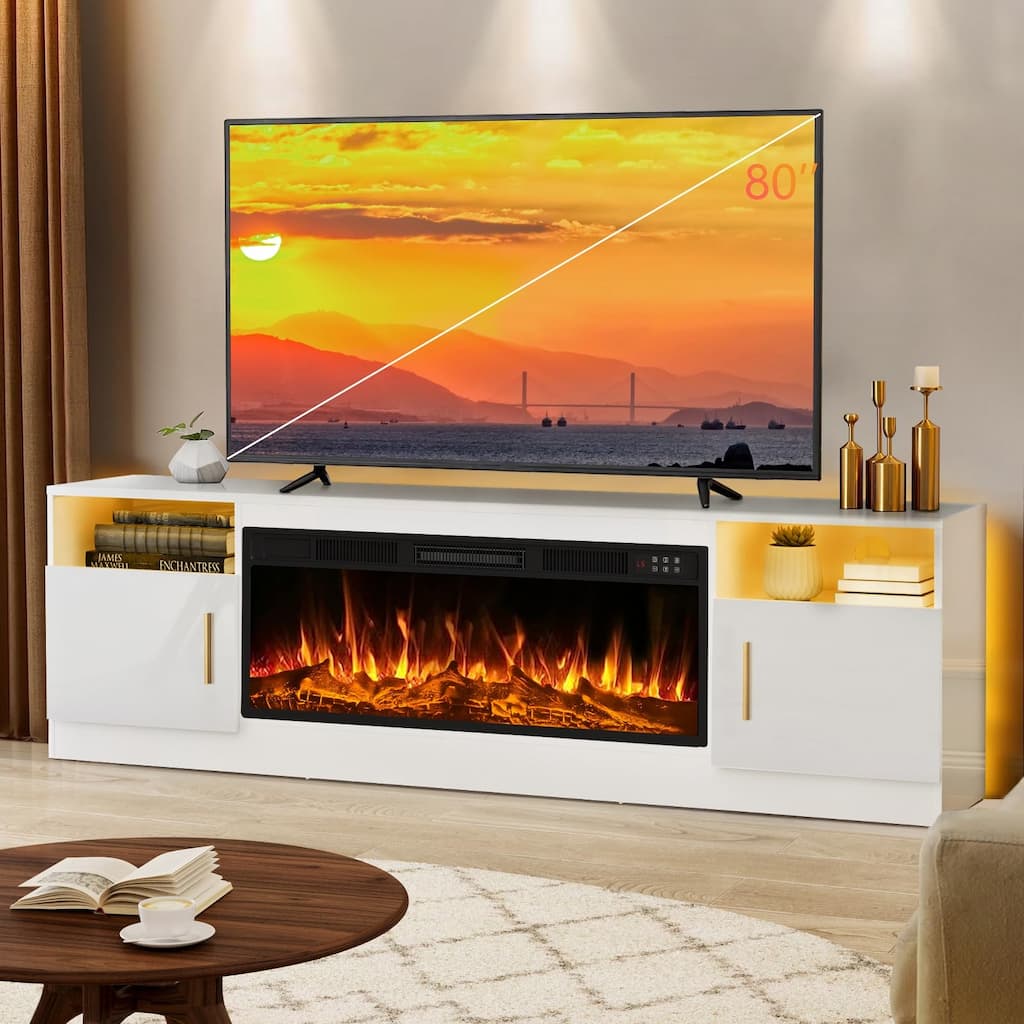 Bossin 70" Fireplace TV Stand with 36" Electric Fireplace, TV Stand for TVs Up to 80", 16 Colors LED Lights/Entertainment Center