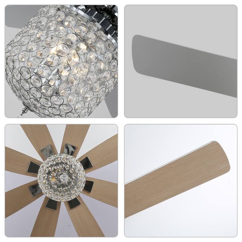 65" Large Crystal Ceiling Fan with Chorme Finish, 8-Blades 3 Lights w Crystal Shade, Quiet DC Motor w Remote Control