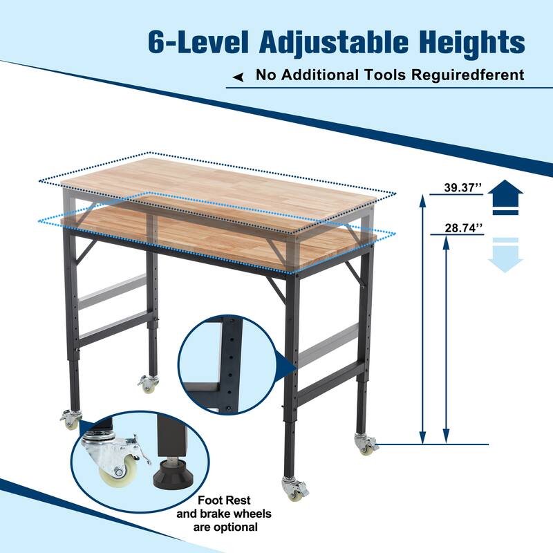 Industrial Workbench Desk with Adjustable Height and Heavy Duty Wheels for Garage and Workshop or Home Office Use