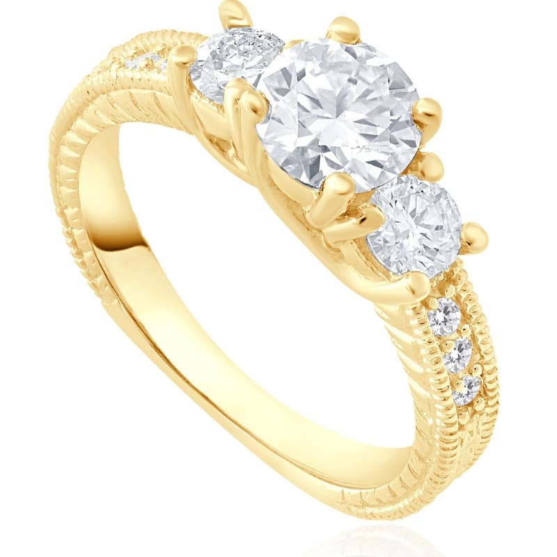 1.80Ct Three Stone Diamond Engagement Ring Vintage Accents Yellow Gold