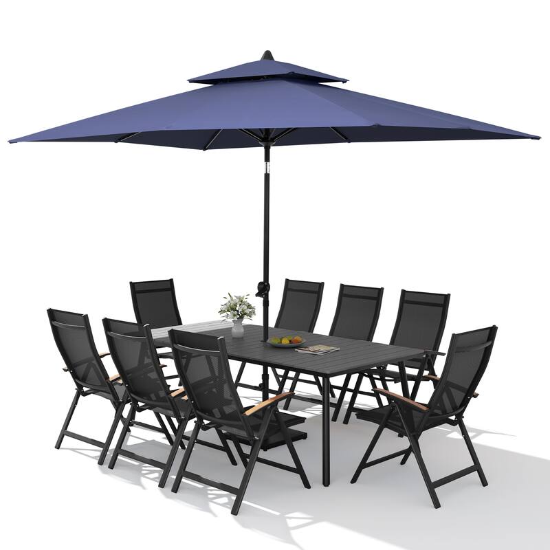 11PC Outdoor Patio Dining Set Wood-Like Aluminum Umbrella Hole Table with Folding Chairs,Double Top Market Umbrella and Base