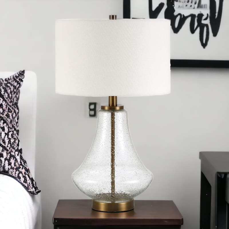 23" Coastal Glass Table Lamp with Linen Fabric Drum Shade and Metal Base for Bedroom or Living Room - 15"W x 15"D x 23"H