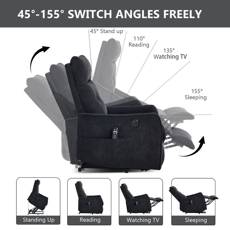 Chenille Power Lift Recliner Chair, Single Motor Heavy Duty Recliner Chair with Massage & Heat, Lounge Sofa Chair with USB Port