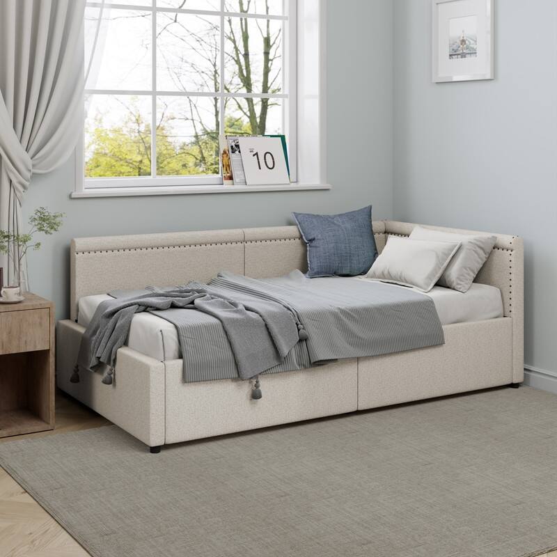 Modern Style Twin Size L Shape Corner Bed, Linen Upholstered Daybed with Two Storage Drawers