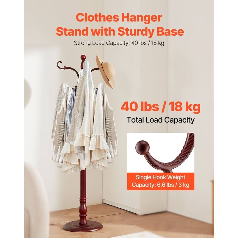 Wooden Coat Rack Stand with 11 Hooks and Anti-Tip Design Perfect for Entryway or Bedroom - 16.5” x 16.5” x 69.29”