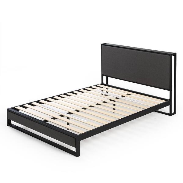 Priage By Zinus Grey Upholstered Platform Bed With Headboard Shelf Overstock 29823912