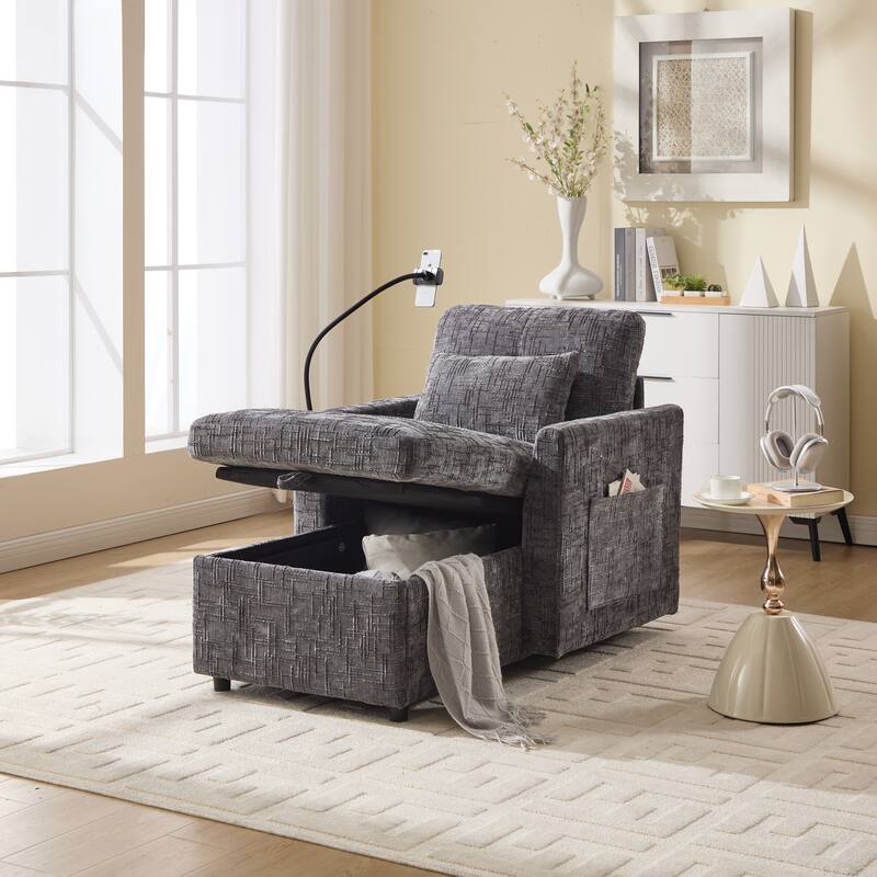 Multifunctional Lazy Person Sofa Recliner,Storage Backrest With Cell Phone Bracket Chenille Single Leisure Chair