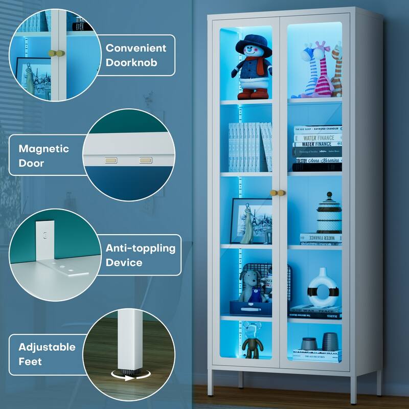 4/5-Tier Glass Curio Display Cabinet with Doors & Adjustable Storage Shelves