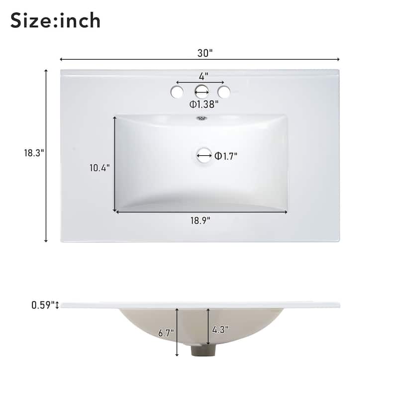 30-Inch Bathroom Vanity with Ceramic Sink, Gold Handles & Storage Shelves - Elegant Space-Saving Design