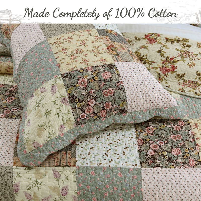 Country Cottage Floral Chic Scalloped Patchwork Cotton 3-Piece Quilt Bedding Set
