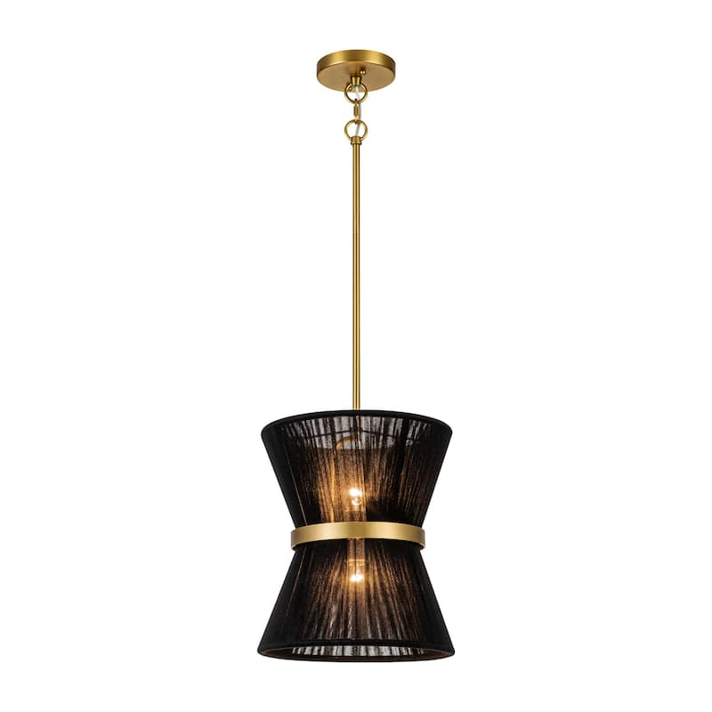 2-Light Boho Farmhouse Black Hand Woven Kitchen Island Lighting Natural Fabric Rope Drum Pendant Light