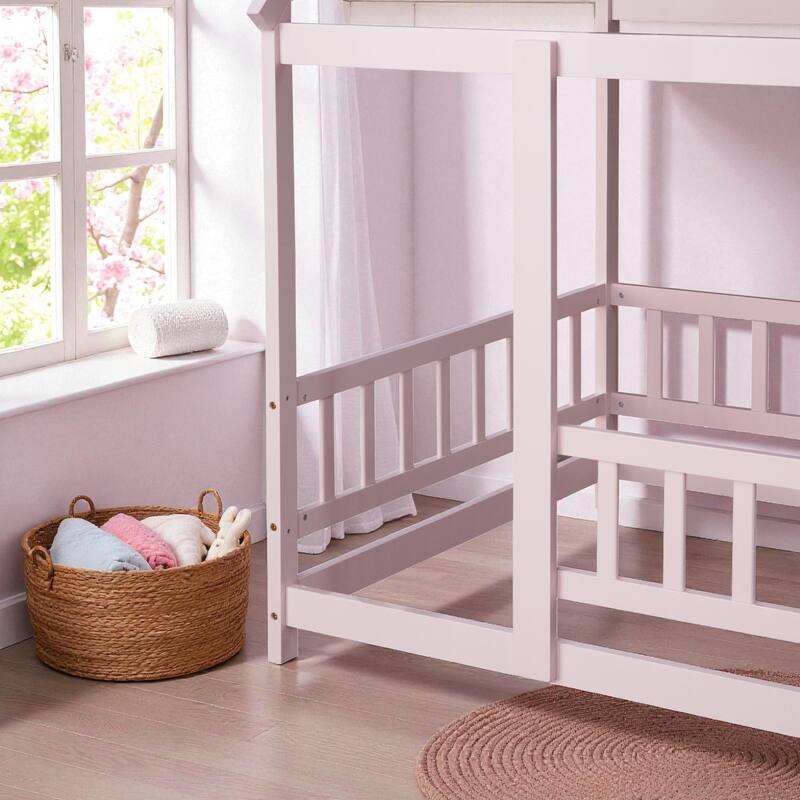 Twin Size Wooden House Floor Bed with Roof Frame and Safety Guardrails, Solid Rubber Wood Montessori Bed for Kids