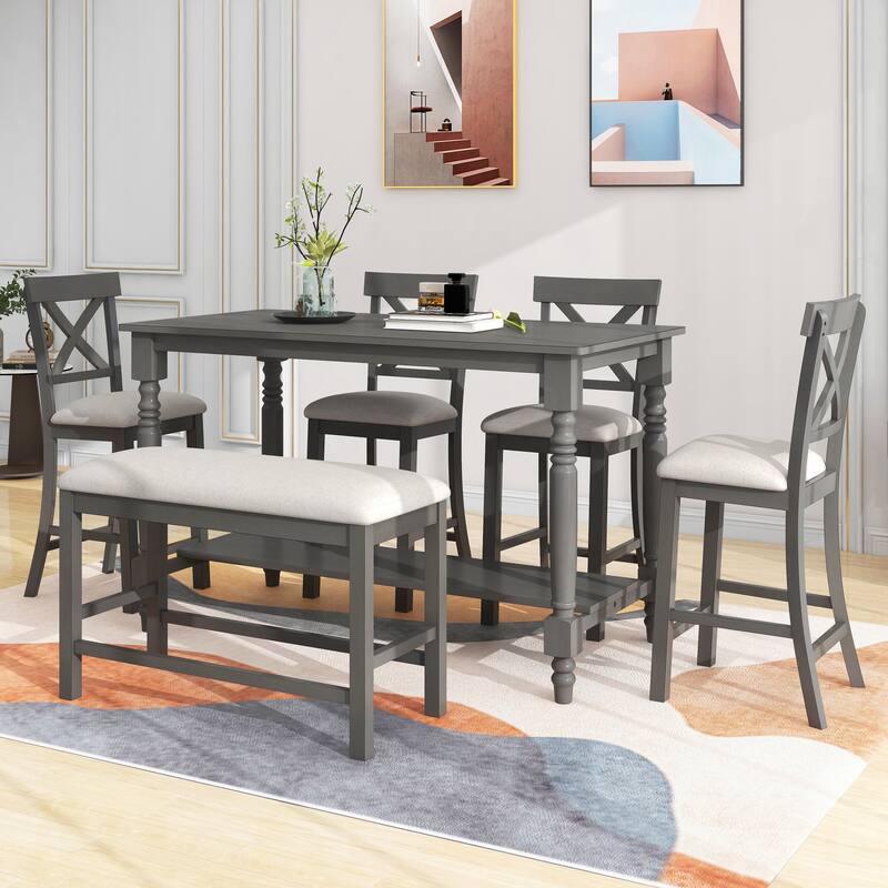 Gray 6-Piece Counter Height Wooden Dining Table Set with 4 Chairs & Bench - Gray