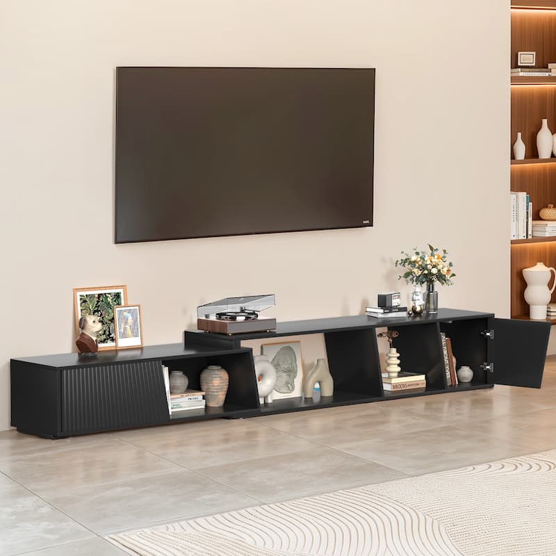 Pocassy Extendable TV Stand with Sliding Doors Minimalist Rectangle