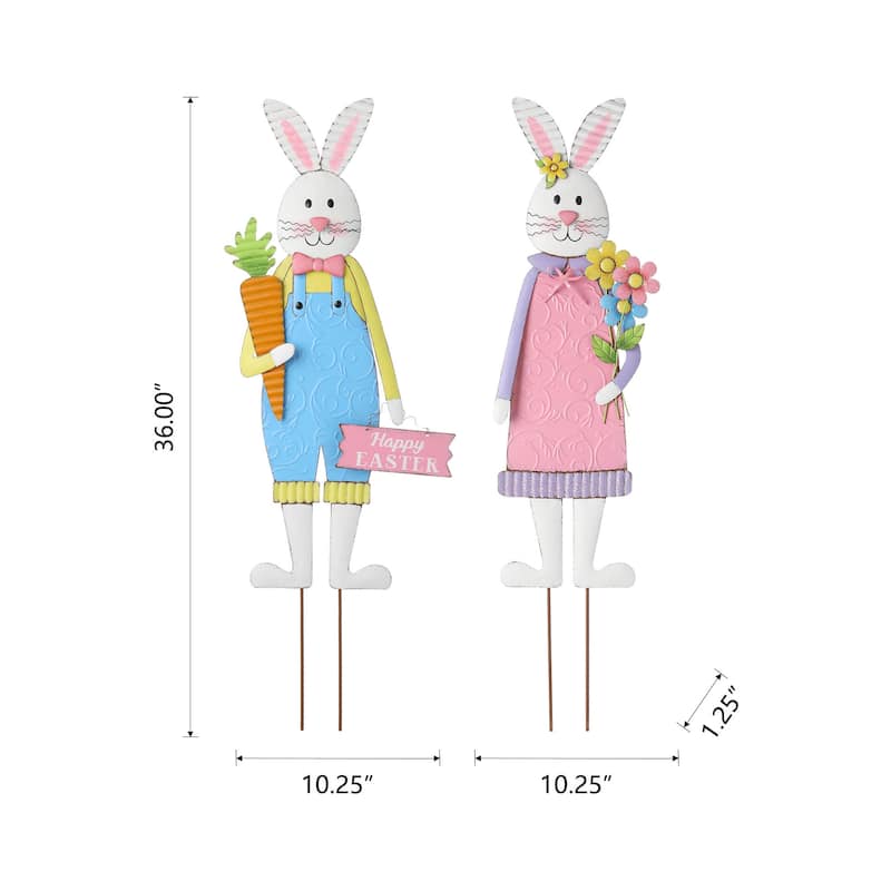 Glitzhome 36"H Metal Easter Bunny Girl Yard Stakes Porch Sign Wall Decor