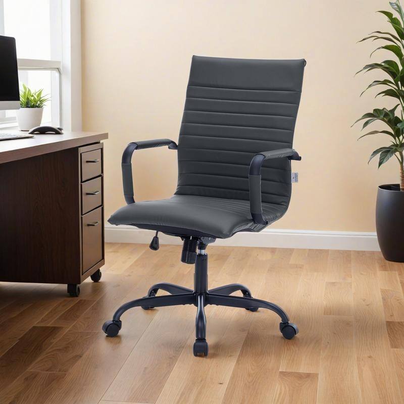 Harris Ribbed Leather Adjustable High-Back Desk Computer Swivel Office Chair in Black Metal Frame for Home Conference