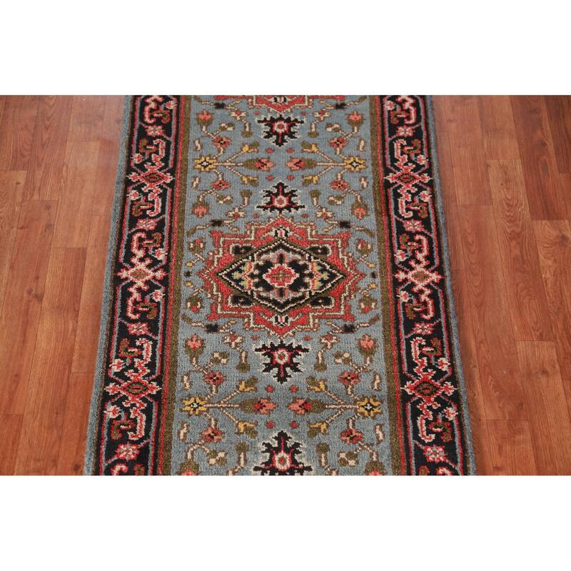 Hand Knotted Oriental 100% Wool Carpet Traditional Geometric Navy Blue & Blues Heriz (serapi) Runner Rug - 7' 11'' X 2' 7''