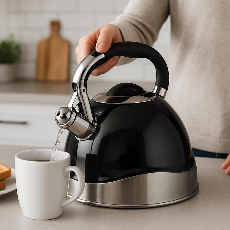 Creative Home Crescendo 3.1 Quart Stainless Steel Whistling Tea Kettle with Aluminum Capsulated Bottom, Black Color