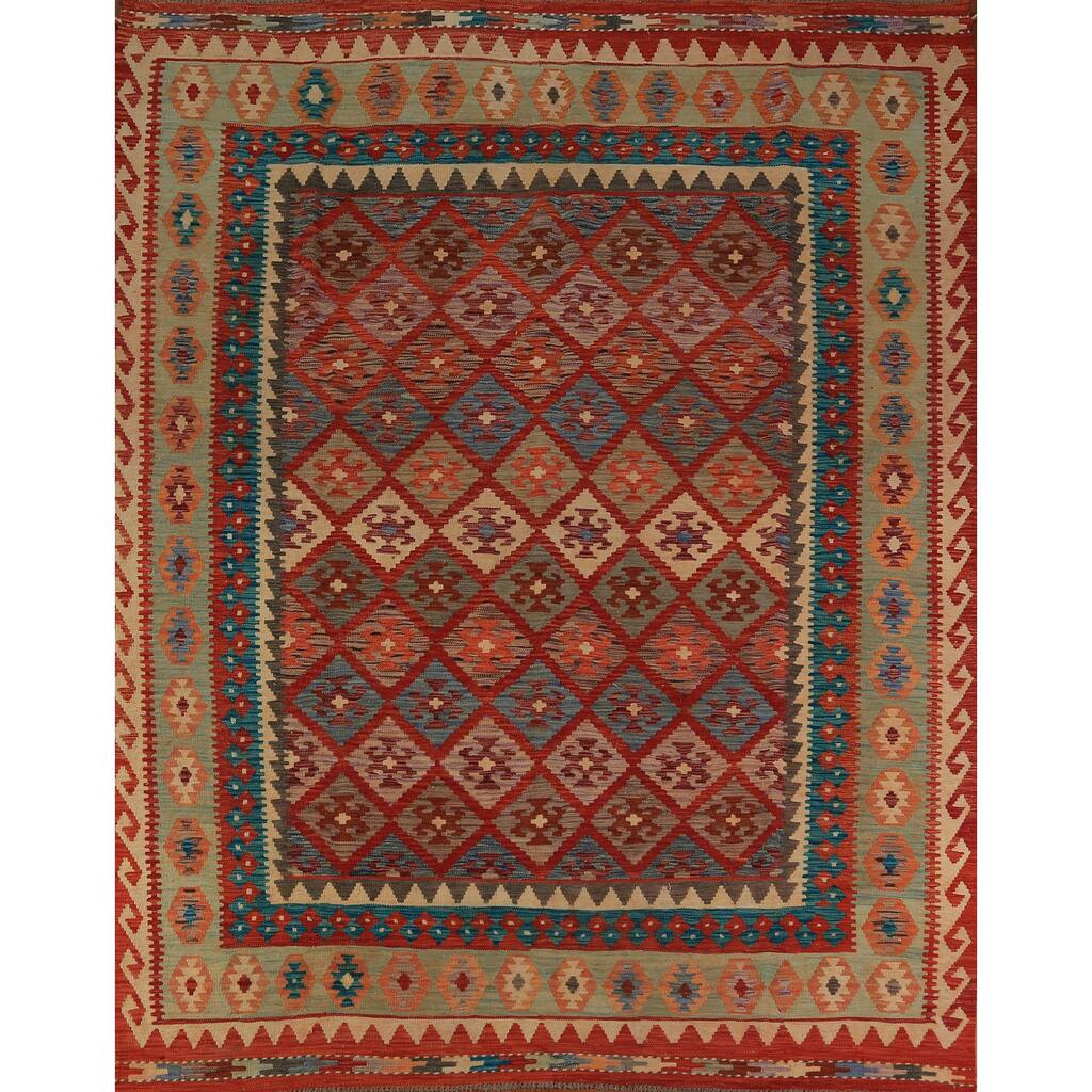 Trellis Geometric Kilim Oriental Area Rug Hand-Woven Wool Carpet - 8'2"x 9'6"