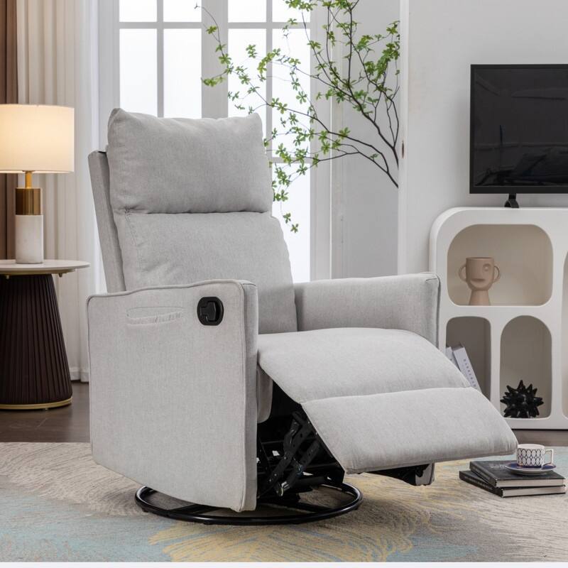 Cotton Linen Fabric Swivel Rocking Chair With Adjustment Backrest Footrest and Samll Pocket