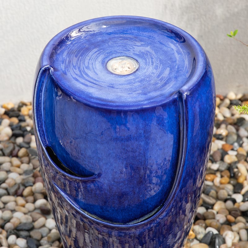 Glitzhome Oversized LED Lighted Ceramic Pot Floor Fountains for Outdoor Garden