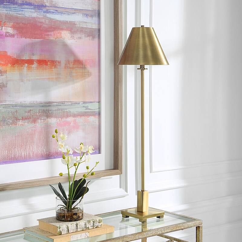 Slender Buffet Table Lamp with Empire Shade - 36.5" - Brass Tone
