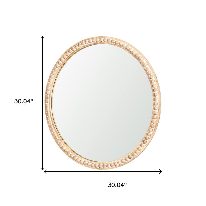 HomeRoots 30" Natural Solid Wood Beaded Round Framed Accent Mirror - 30.04 in. x 30.04 in. x 1.48 in.
