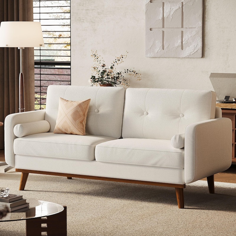 65" Loveseat Sofa, Mid Century Modern Couch Comfy Love Seat Couches for Living Room - Beige