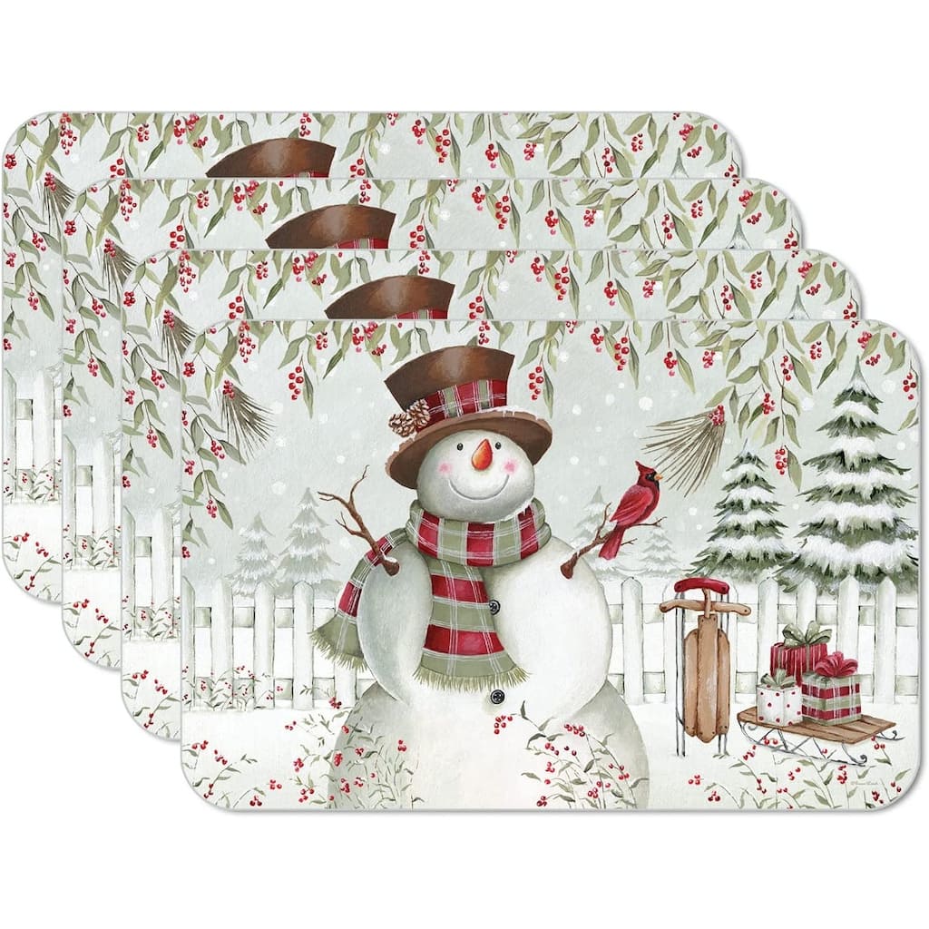 CounterArt Brown Hat Snowman, Reversible Easy Care Flexible Plastic Placemat 4 Pack Made in The USA