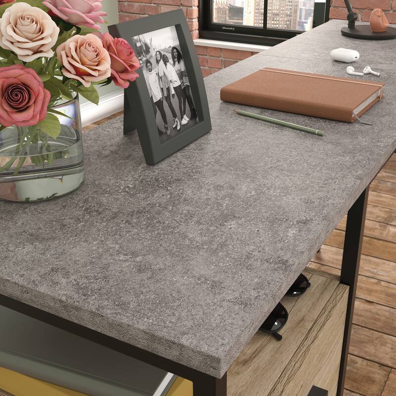 Wood L-Shaped Desk with File Drawer, Brown