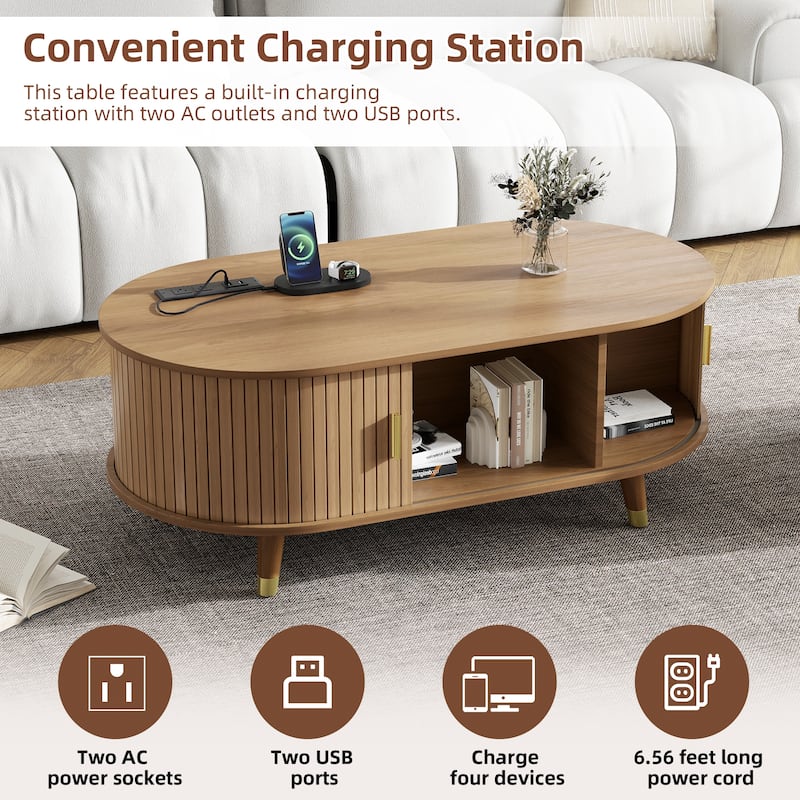 Farmhouse Wooden TV Stand & Coffee Table Set, Oval Media Console with Sliding Doors & Charging Station for TVs up to 80"