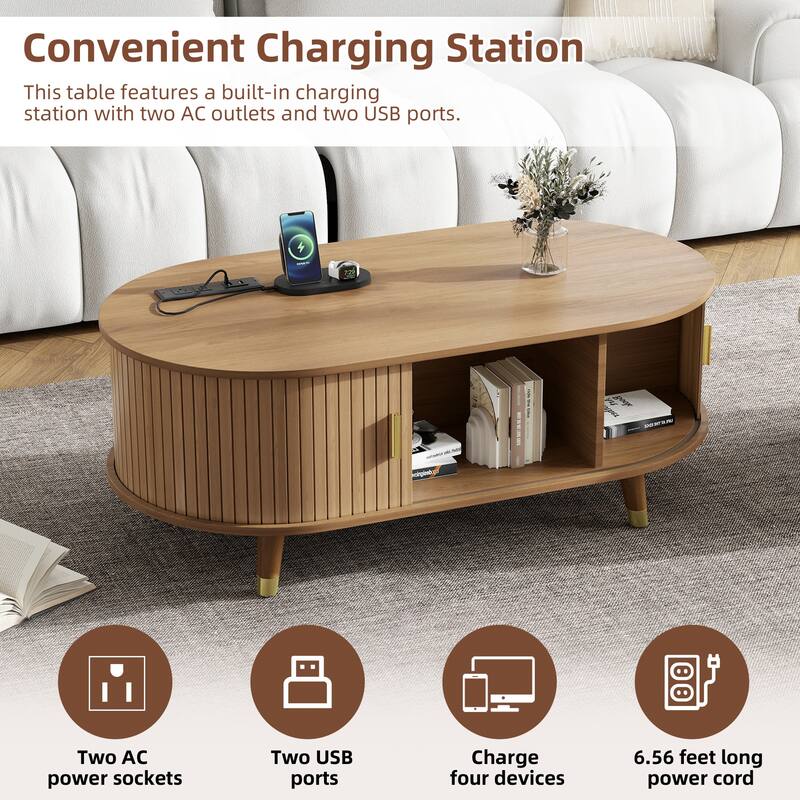 Wooden TV Stand and Coffee Table Set of 2, Sliding Door TV Cabinet TV Console with Charging Station for TVs up to 80", Natural