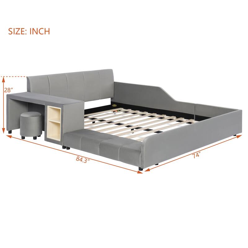 Roomfitters Full/Queen Size Upholstered Grounded Platform Bed with Bedside Desk and Round Stool, Velvet Fabric Bed Frame