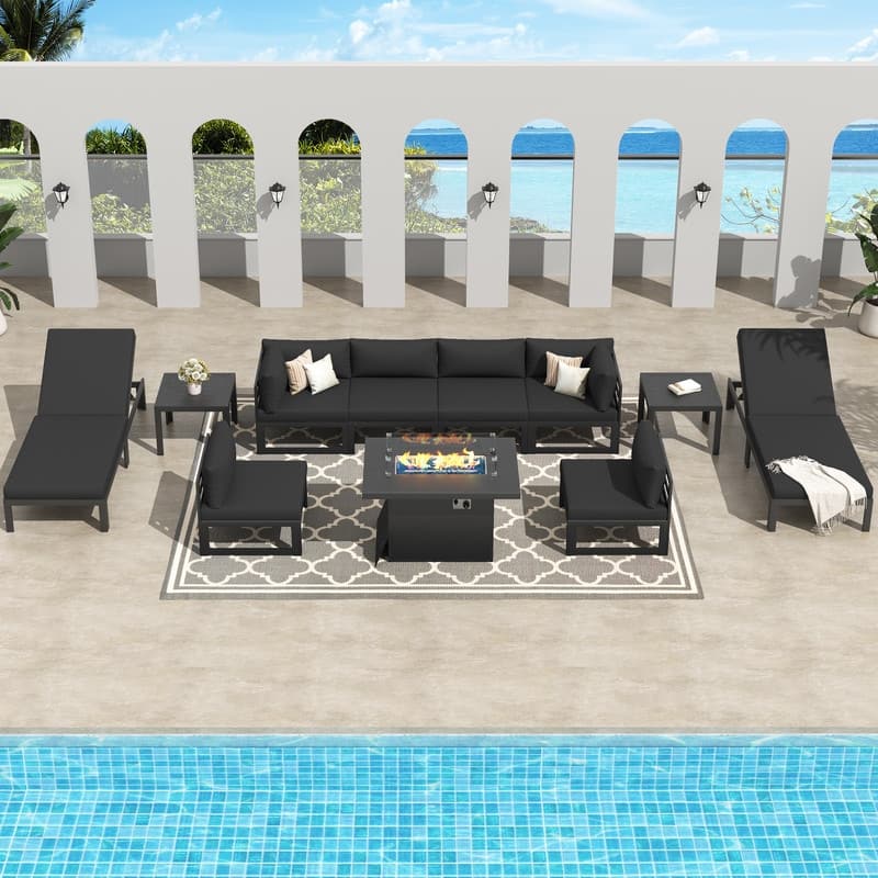 FINCATI Aluminum Outdoor Patio Furniture Conversation Sectional Sofa Set - 11 Pieces - Black