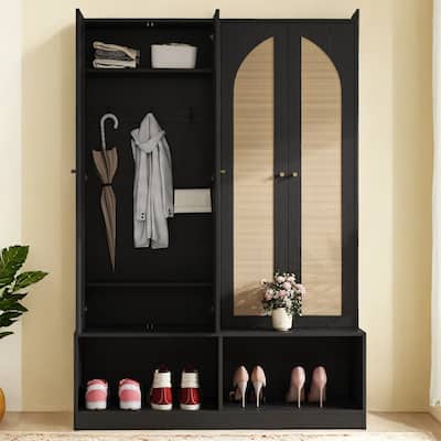 55.1" W Farmhouse Hall Tree, Multi-Functional 4-in-1 Storage