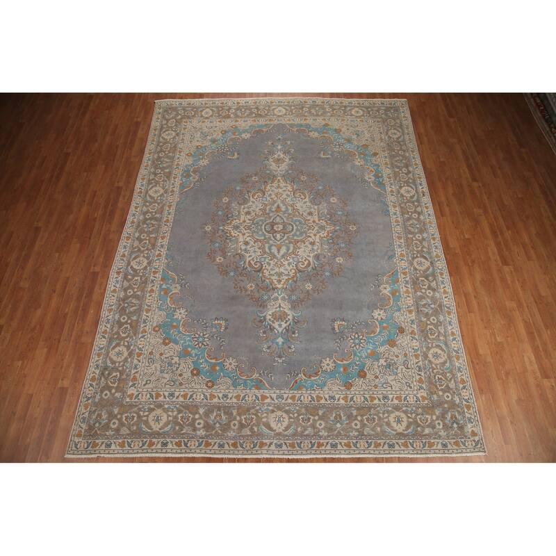 Hand Knotted Oriental 100% Wool Carpet Traditional Medallion Greys & Charcoal Tabriz Area Rug - 12' 8'' X 9' 6''
