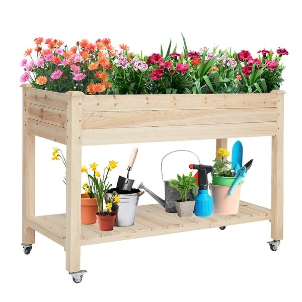 Kinsunny Wooden Raised Garden Bed On Wheels Elevated Garden Bed 34 3 H Elevated Planter Box With Storage Shelf For Vegetables Overstock 33225908