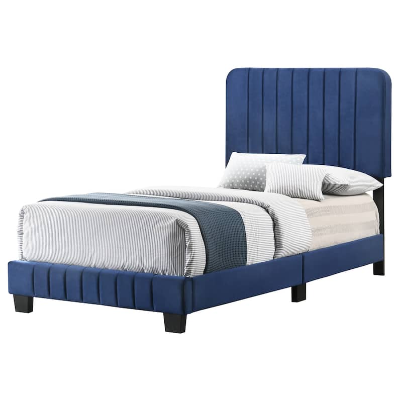 Modern Navy Blue Twin Bed with Velvet Upholstery and Sturdy Wooden Legs