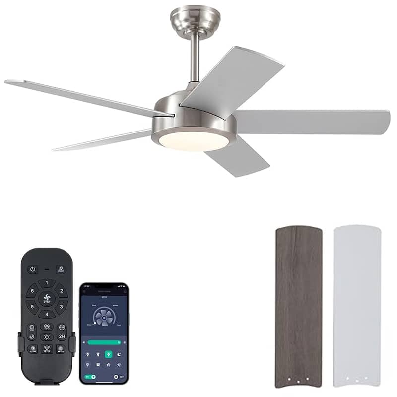 46“/52” Inch Modern Ceiling Fan with LED and Remote,5 Plywood Blades,Remote and APP Control - 46"-Nickle