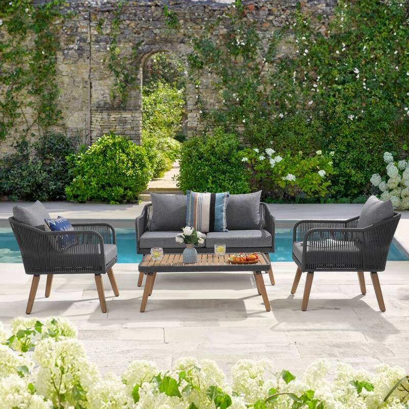 Outdoor 4 Pieces Rope Conversation Set with Cushions - Grey