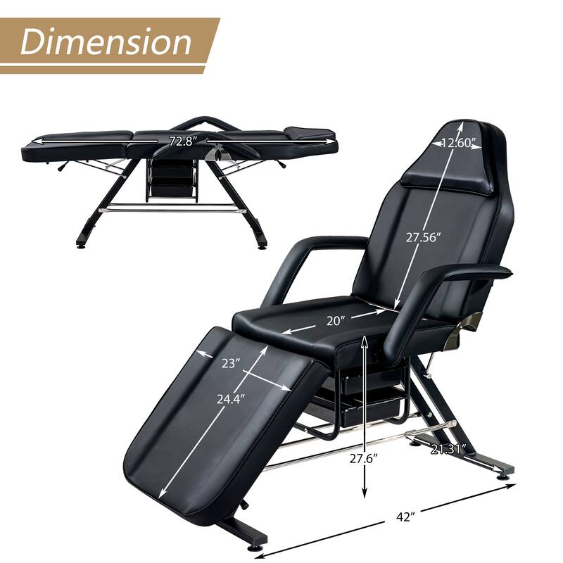 Massage Salon Tattoo Chair - 3-Section Adjustable Facial Bed with Two Trays & Hydraulic Stool, Multi-Purpose Spa Equipment