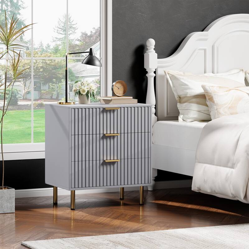 Fluted 3 Drawer Dresser for Bedroom, Modern Wooden Chest with Deep Drawers and Wide Top