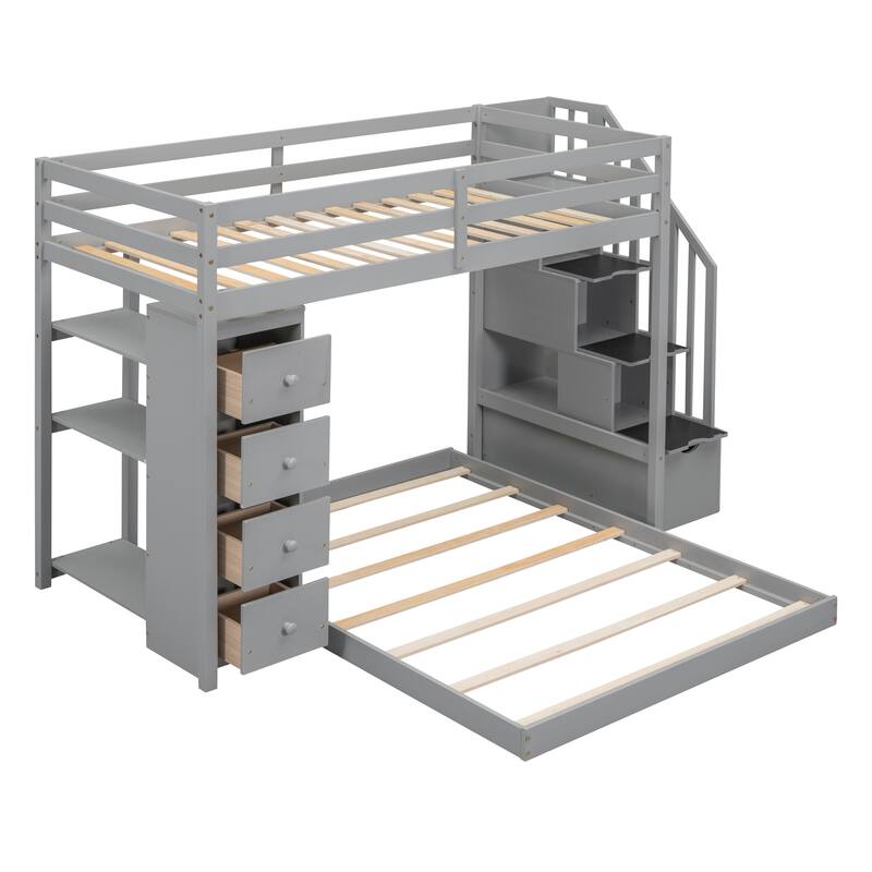 Twin Over Full Bunk Bed with 3-layer Shelves, Drawers and Storage Stairs, Gray