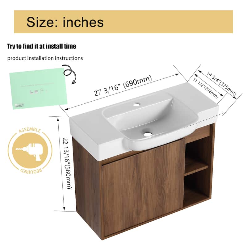Malwee 24"/28" Floating Bathroom Vanity,Wall Mounted Bathroom Vanity with Ceramic Sink and Soft Close Door