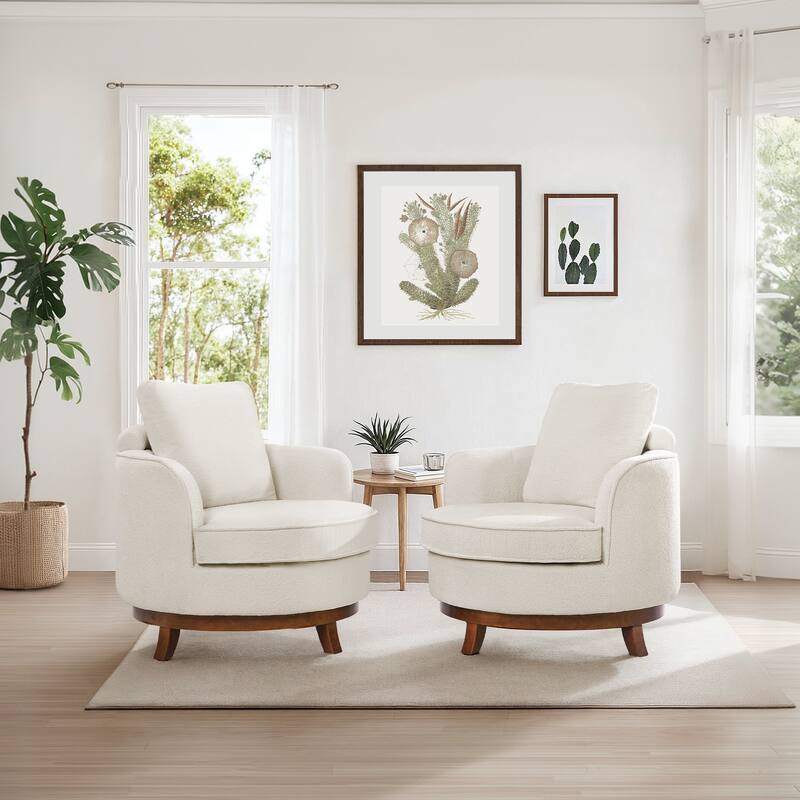 Modern Set of 2 Chenille Wooden Swivel Barrel Chair Upholstered Ergonomic Design - Beige