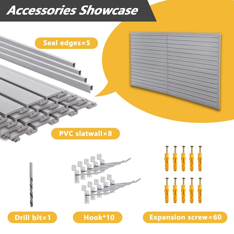Heavy Duty PVC Slatwall Garage Organizer 8x4 ft with 10 Panels, Wall-Mounted Tool Storage System - 94.49"L x 47.24"W x 0.25"H