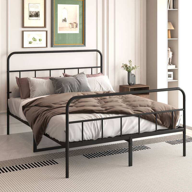 Metal Platform Bed with Wave Shape Wooden Headboard